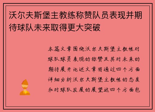 沃尔夫斯堡主教练称赞队员表现并期待球队未来取得更大突破