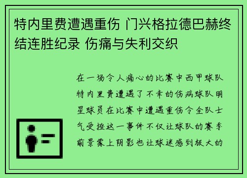 特内里费遭遇重伤 门兴格拉德巴赫终结连胜纪录 伤痛与失利交织