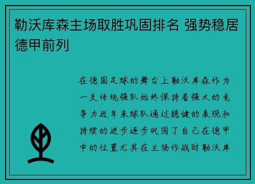 勒沃库森主场取胜巩固排名 强势稳居德甲前列