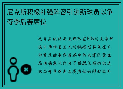 尼克斯积极补强阵容引进新球员以争夺季后赛席位